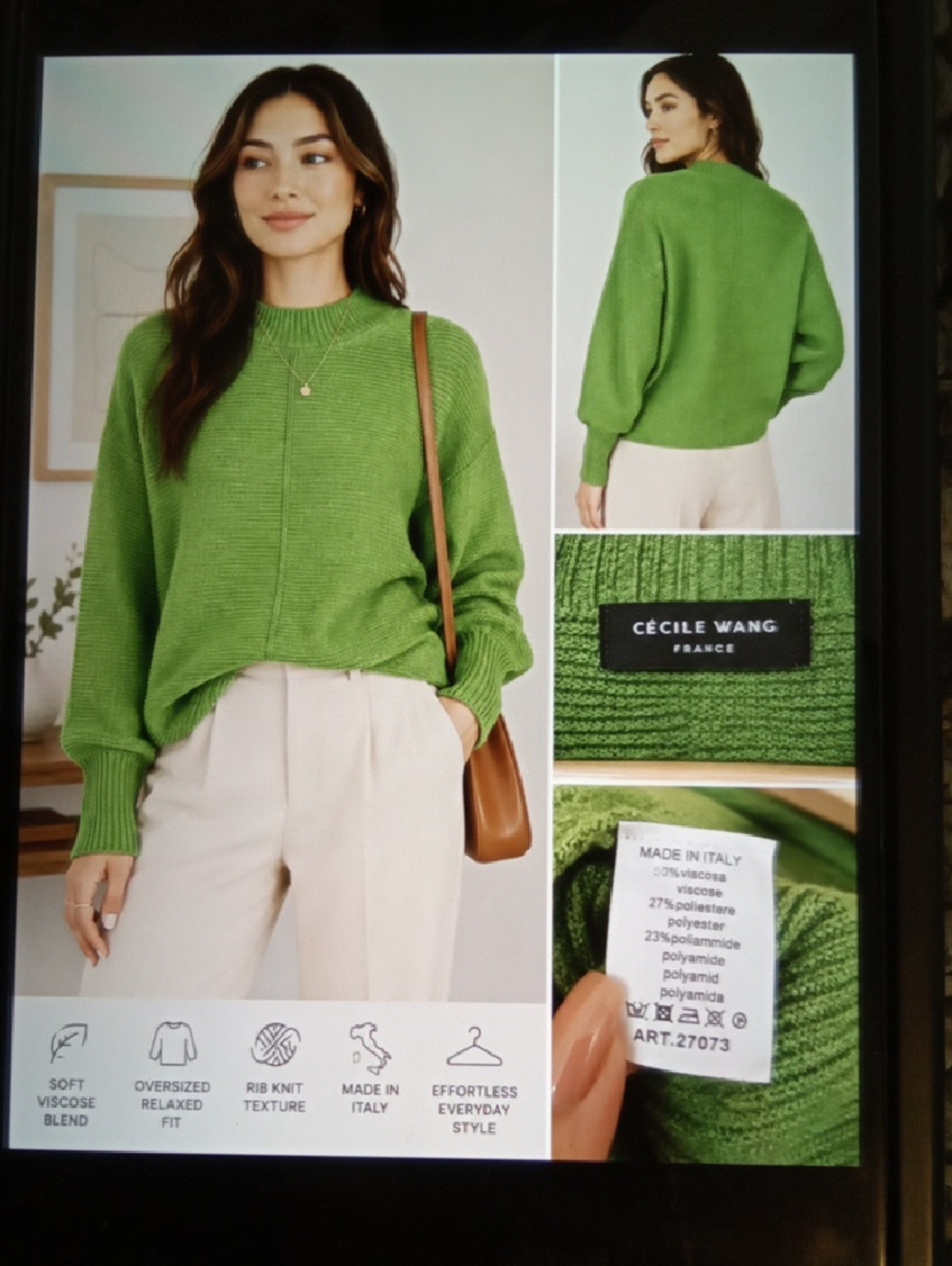 Cecile Wang France Green Rib Knit Mock Neck Sweater Oversized Viscose Blend Larg